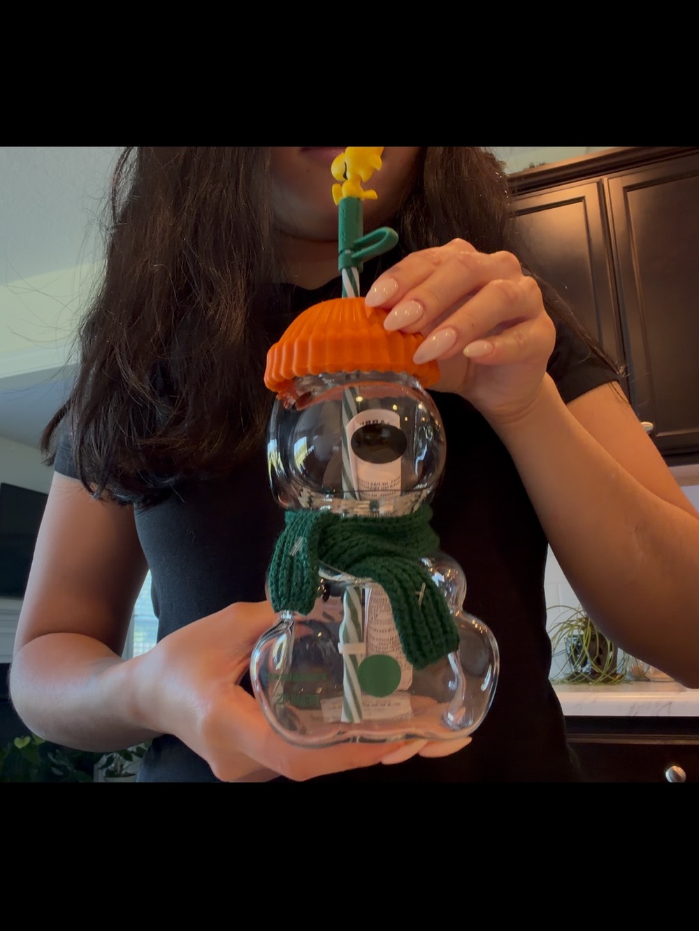 Glass Snowman Beverage Bottle with Green Scarf and Orange Hat